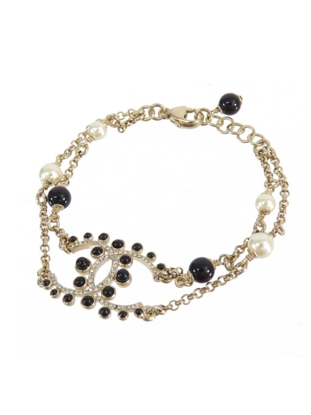 Chanel CC Logo Chain Bracelet Champagne Gold Metal Rhinestone Costume Pearl